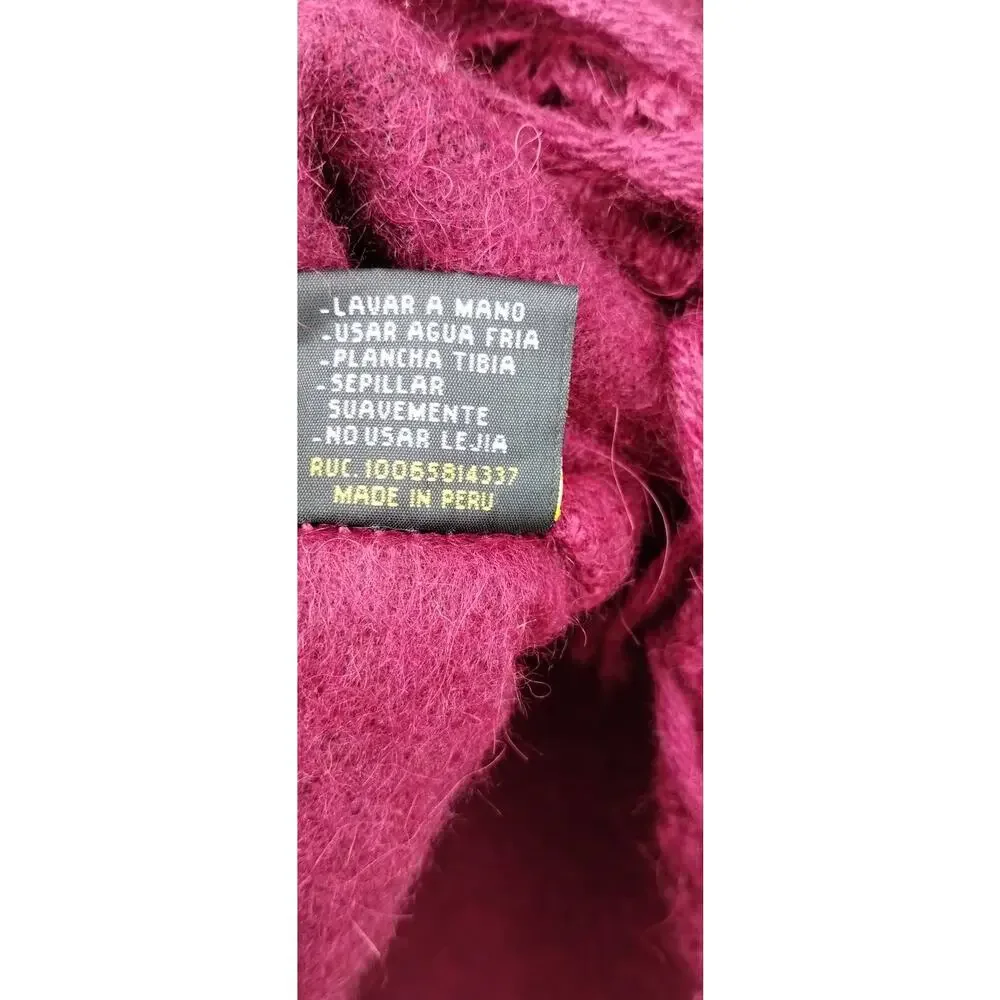 Alpaca Peru Diana Poncho Cloak Cape Crochet Fringe Brushed Rustic Burgundy O/S